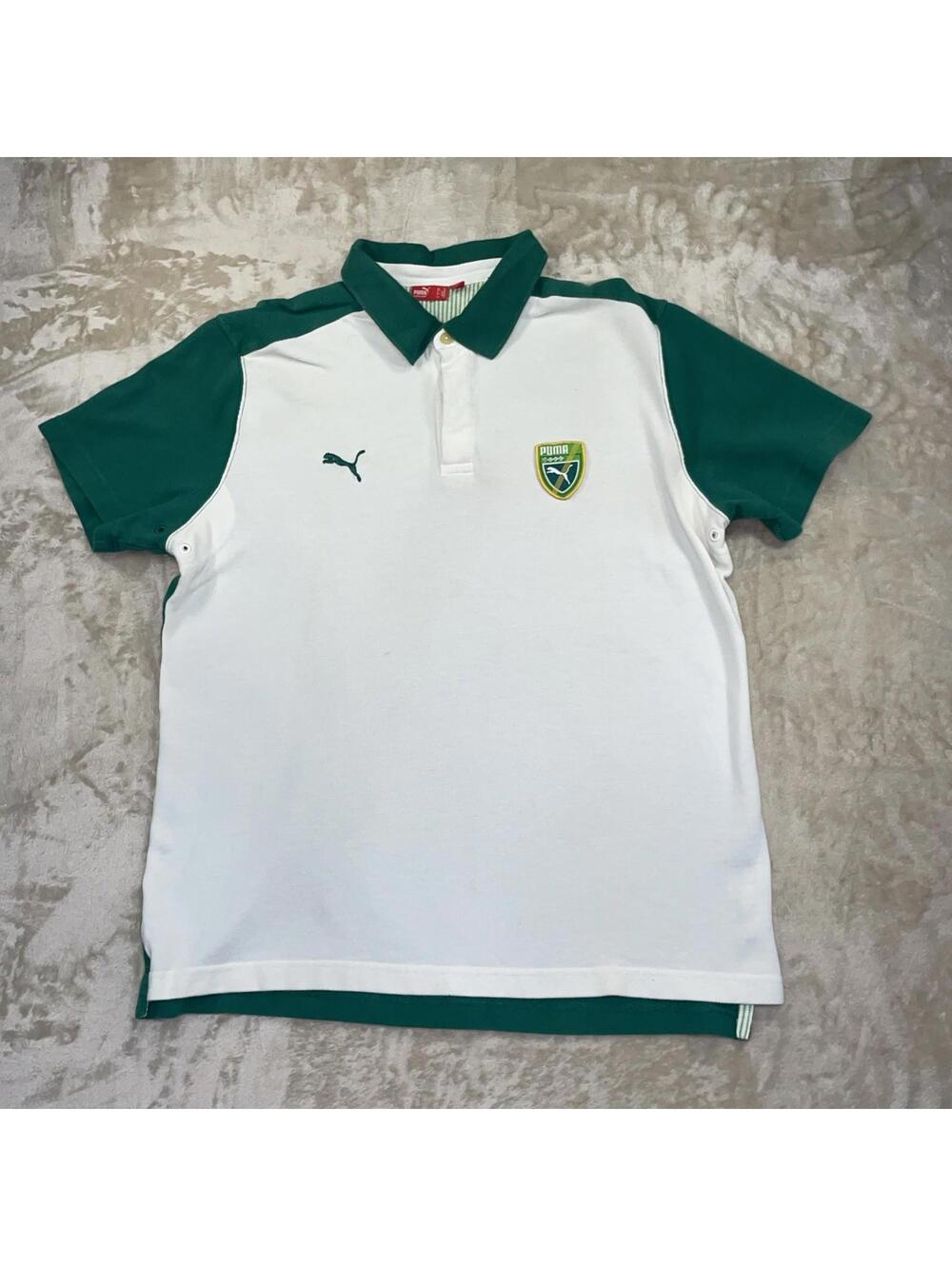 Vintage Puma Men’s Ribbed Knit Polo Short Sleeve Shirt Green/White Sz XL